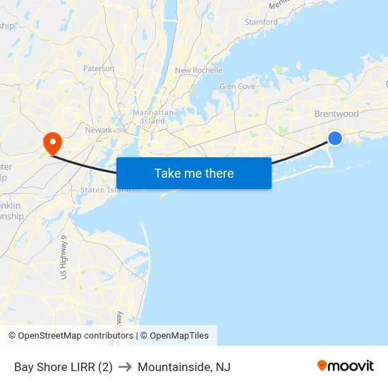 Bay Shore LIRR (2) to Mountainside, NJ map