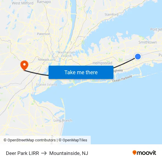 Deer Park LIRR to Mountainside, NJ map