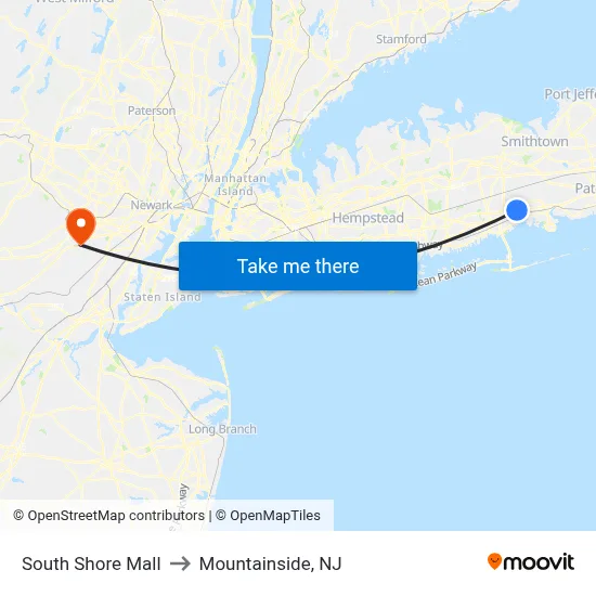 South Shore Mall to Mountainside, NJ map