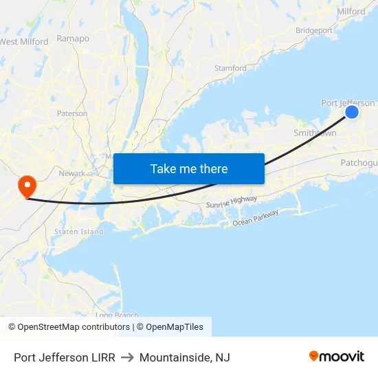 Port Jefferson LIRR to Mountainside, NJ map