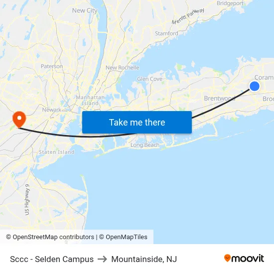 Sccc - Selden Campus to Mountainside, NJ map
