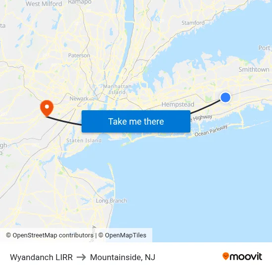 Wyandanch LIRR to Mountainside, NJ map