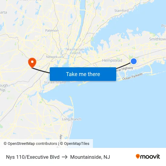Nys 110/Executive Blvd to Mountainside, NJ map