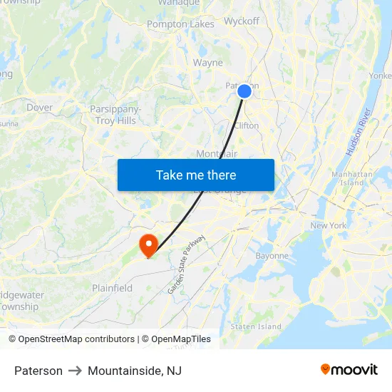 Paterson to Mountainside, NJ map