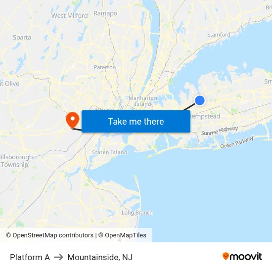 Platform A to Mountainside, NJ map