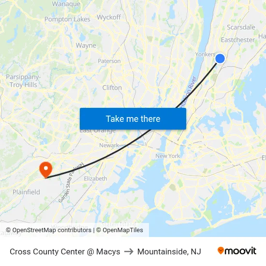 Cross County Center @ Macys to Mountainside, NJ map