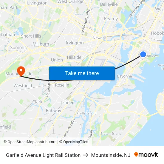 Garfield Avenue Light Rail Station to Mountainside, NJ map