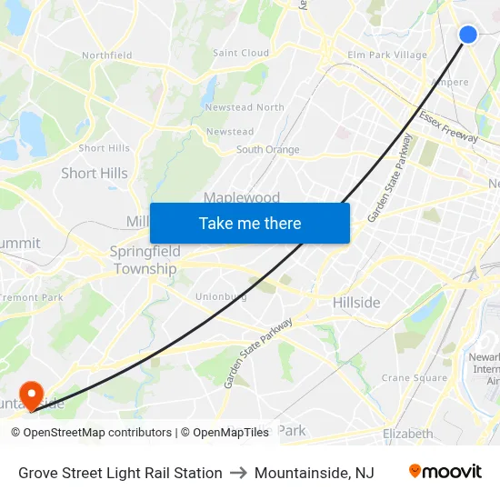 Grove Street Light Rail Station to Mountainside, NJ map