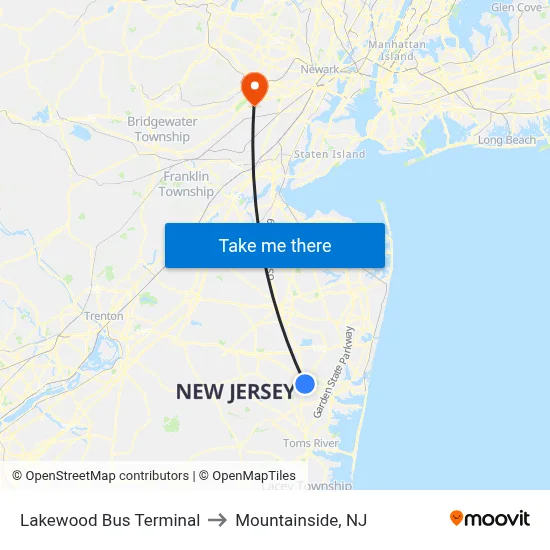 Lakewood Bus Terminal to Mountainside, NJ map