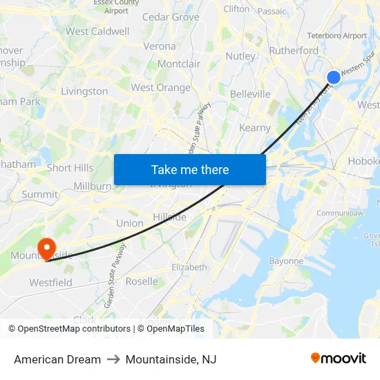 American Dream to Mountainside, NJ map