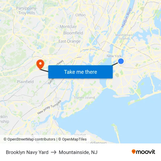 Brooklyn Navy Yard to Mountainside, NJ map