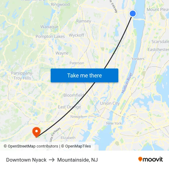 Downtown Nyack to Mountainside, NJ map