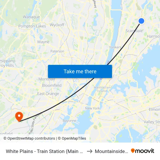 White Plains - Train Station (Main / Bank) to Mountainside, NJ map