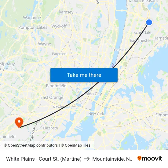 White Plains - Court St. (Martine) to Mountainside, NJ map