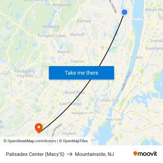 Palisades Center (Macy'S) to Mountainside, NJ map
