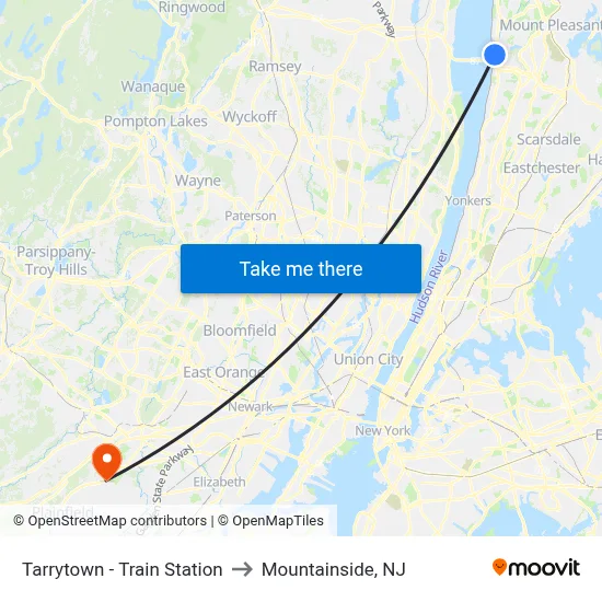 Tarrytown - Train Station to Mountainside, NJ map