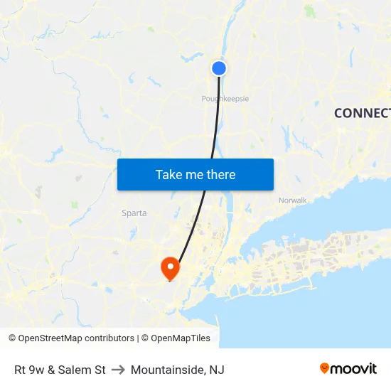 Rt 9w & Salem St to Mountainside, NJ map