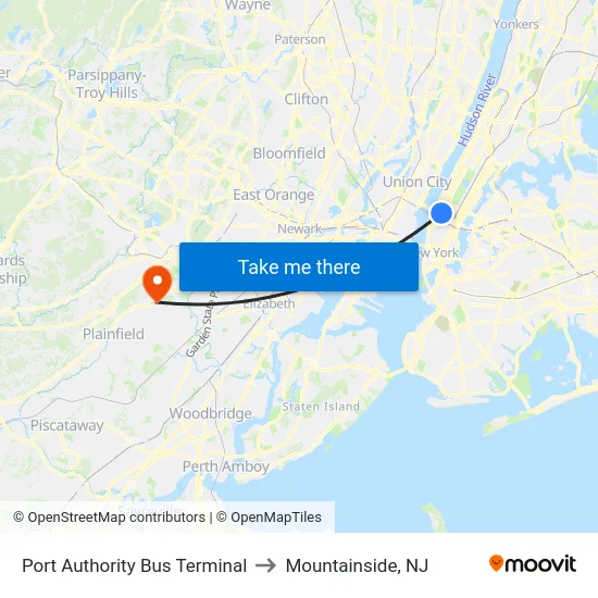 Port Authority Bus Terminal to Mountainside, NJ map