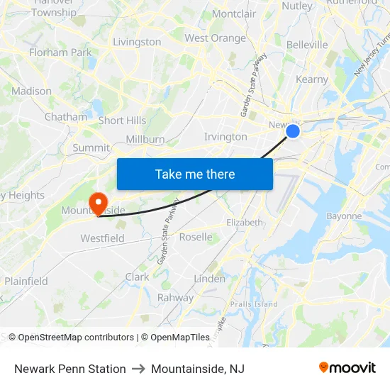Newark Penn Station to Mountainside, NJ map