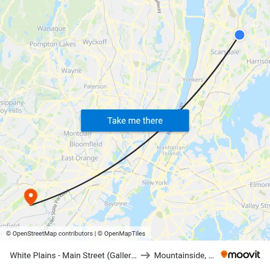 White Plains - Main Street (Galleria) to Mountainside, NJ map