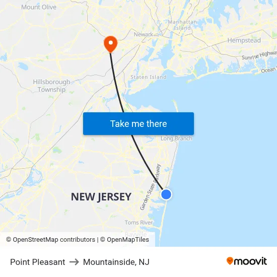 Point Pleasant to Mountainside, NJ map