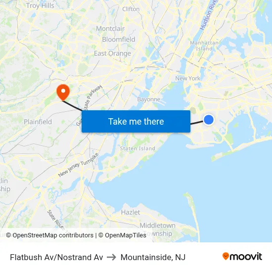 Flatbush Av/Nostrand Av to Mountainside, NJ map