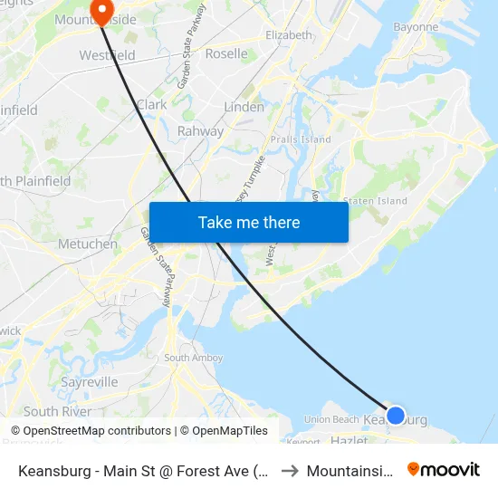 Keansburg -  Main St @ Forest Ave (Northbound) to Mountainside, NJ map
