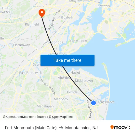 Fort Monmouth (Main Gate) to Mountainside, NJ map