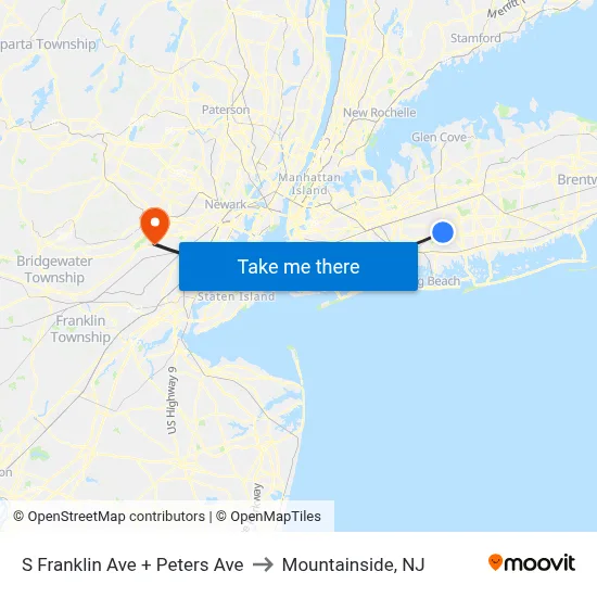 S Franklin Ave + Peters Ave to Mountainside, NJ map