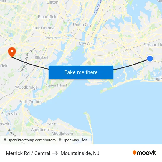 Merrick Rd / Central to Mountainside, NJ map