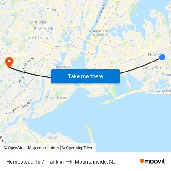 Hempstead Tp / Franklin to Mountainside, NJ map