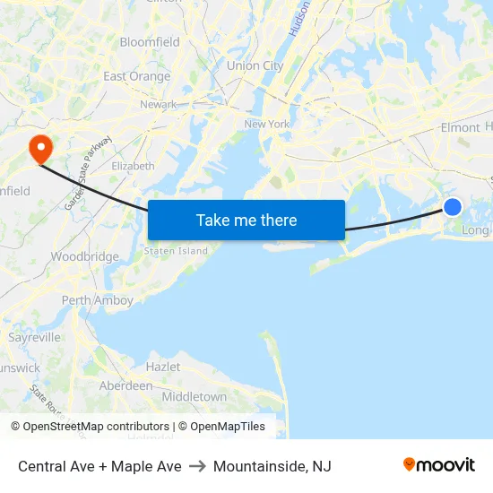 Central Ave + Maple Ave to Mountainside, NJ map