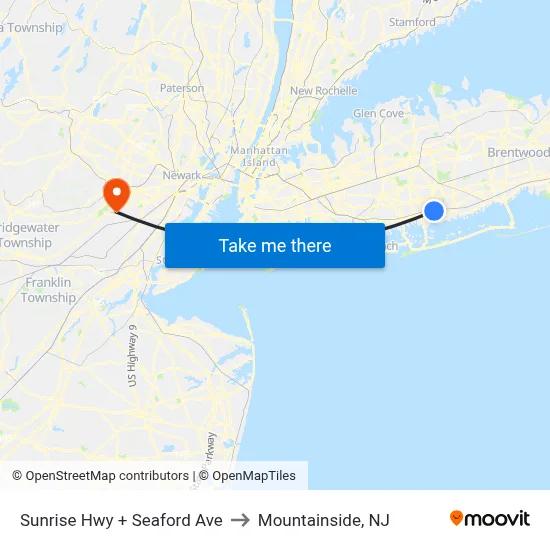 Sunrise Hwy + Seaford Ave to Mountainside, NJ map