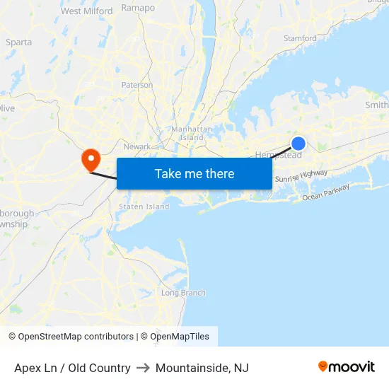 Apex Ln / Old Country to Mountainside, NJ map