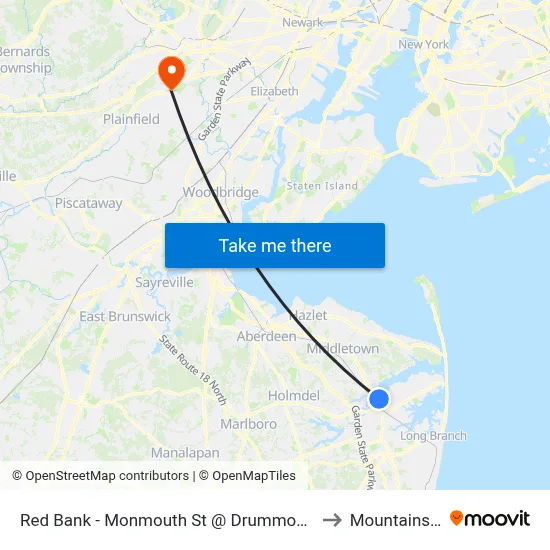 Red Bank - Monmouth St @ Drummond Pl (Southbound) to Mountainside, NJ map