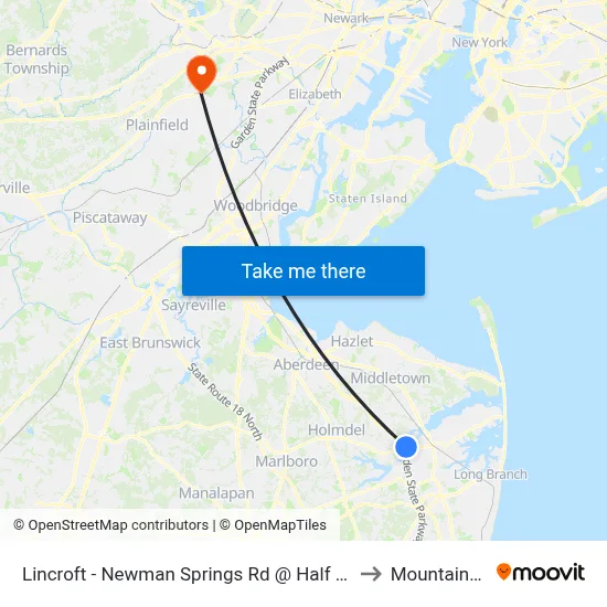 Lincroft - Newman Springs Rd @ Half Mile Rd (Northbound) to Mountainside, NJ map