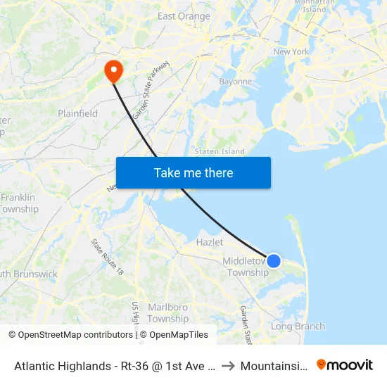 Atlantic Highlands - Rt-36 @ 1st Ave (Northbound) to Mountainside, NJ map