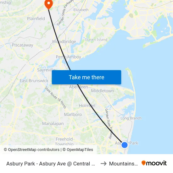 Asbury Park - Asbury Ave @ Central Ave (Northbound) to Mountainside, NJ map