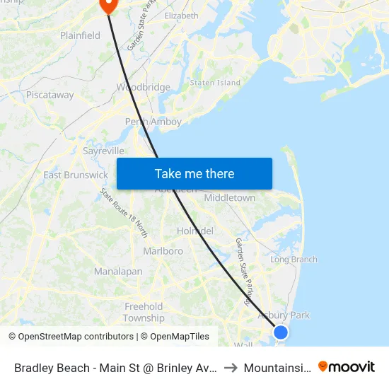 Bradley Beach - Main St @ Brinley Ave (Southbound) to Mountainside, NJ map