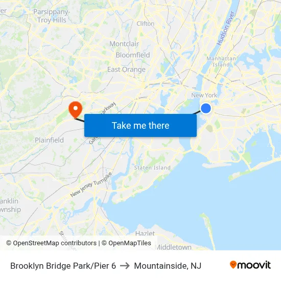 Brooklyn Bridge Park/Pier 6 to Mountainside, NJ map