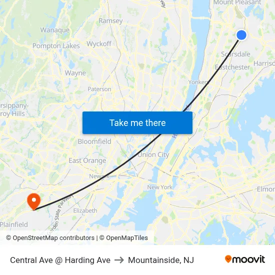 Central Ave @ Harding Ave to Mountainside, NJ map