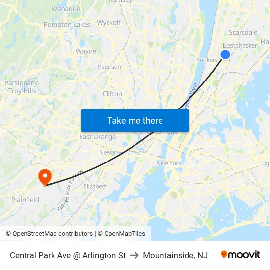 Central Park Ave @ Arlington St to Mountainside, NJ map