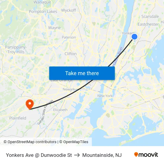 Yonkers Ave @ Dunwoodie St to Mountainside, NJ map