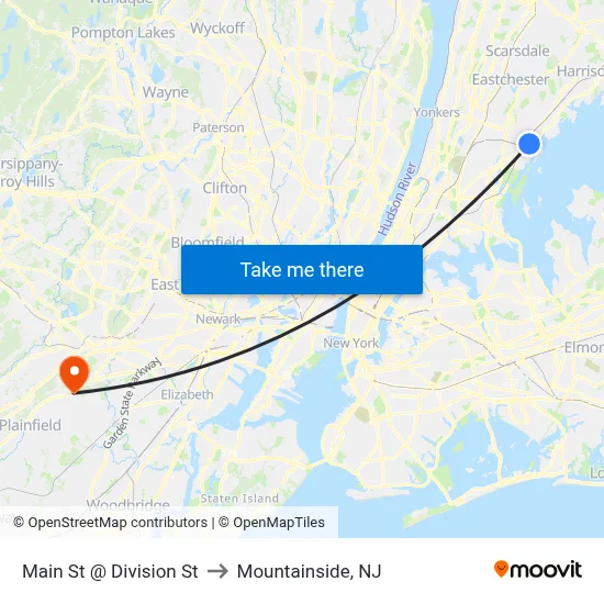 Main St @ Division St to Mountainside, NJ map
