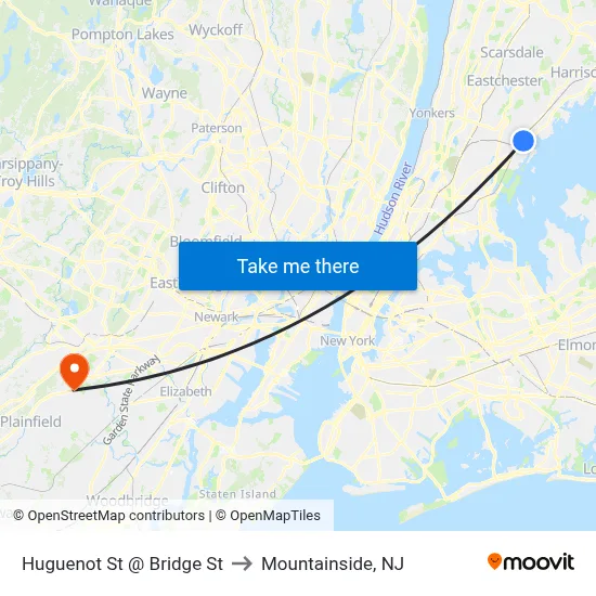 Huguenot St @ Bridge St to Mountainside, NJ map