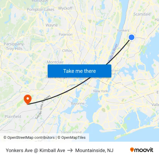 Yonkers Ave @ Kimball Ave to Mountainside, NJ map