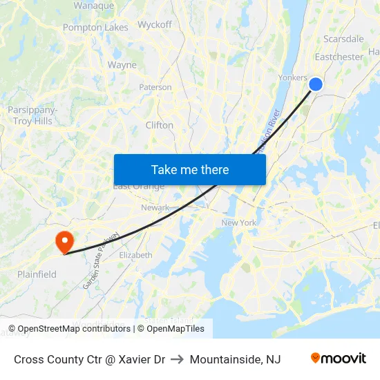 Cross County Ctr @ Xavier Dr to Mountainside, NJ map
