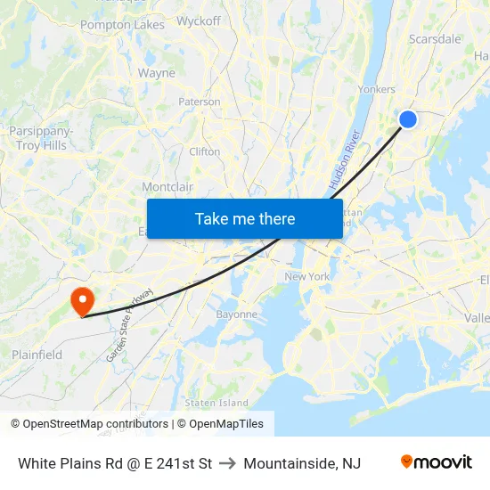 White Plains Rd @ E 241st St to Mountainside, NJ map