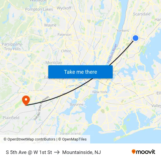 S 5th Ave @ W 1st St to Mountainside, NJ map