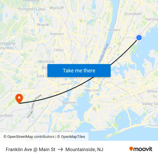 Franklin Ave @ Main St to Mountainside, NJ map